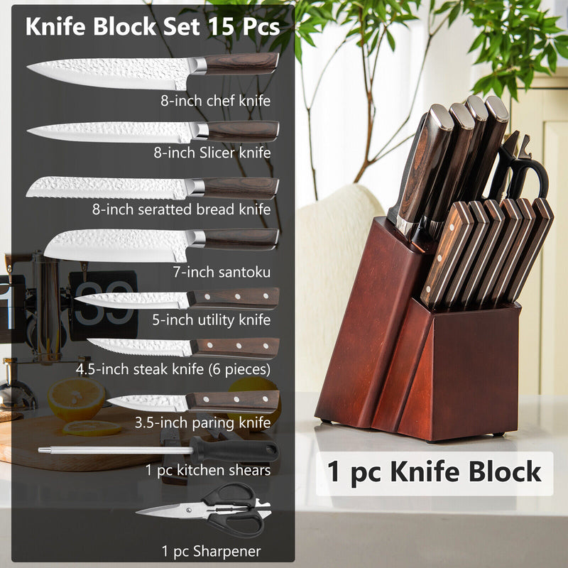 15 Piece Stainless Steel Knife Block Set with Ergonomic Handle