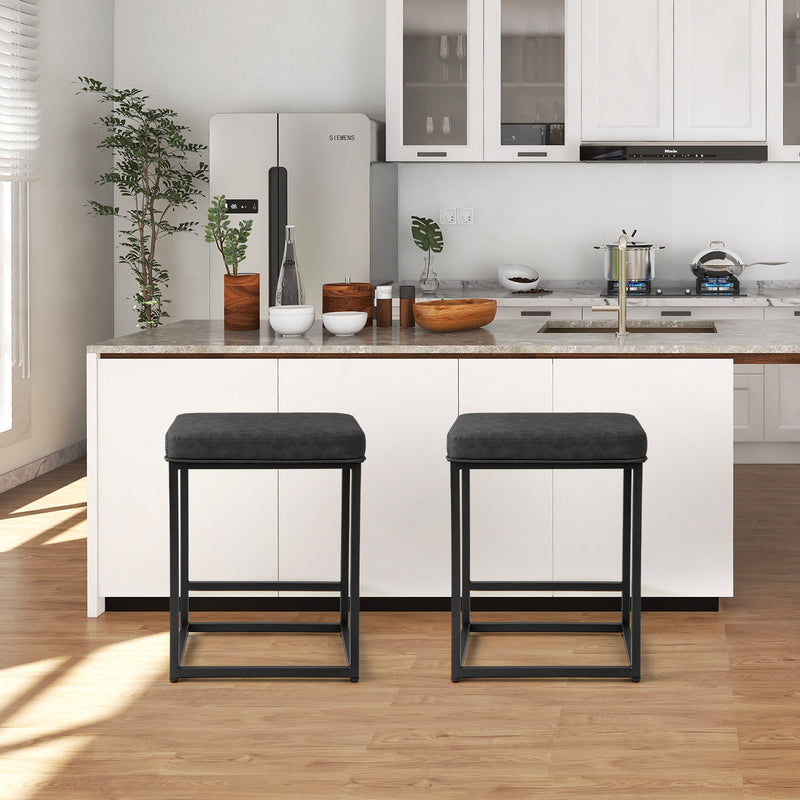2 Pieces 24 Inch Bar Stools with Thick PVC Leather Cushion and Footrest-Black