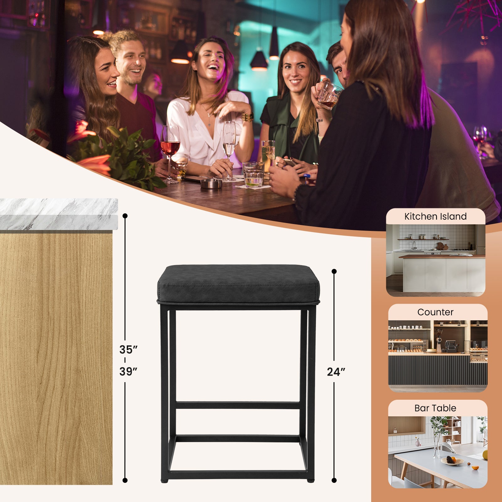 2 Pieces 24 Inch Bar Stools with Thick PVC Leather Cushion and Footres