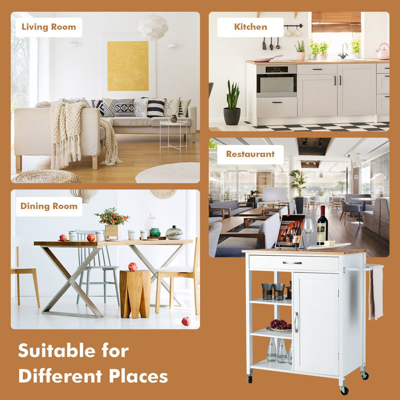 Mobile Kitchen Island Cart with Rubber Wood Top-White