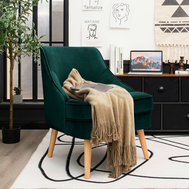 Mid Century Velvet Accent Chair with Rubber Wood Legs for Bedroom-Green