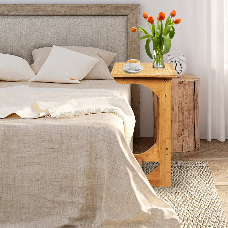 Bamboo Sofa Table End Table Bedside Table with Storage Bag-Natural