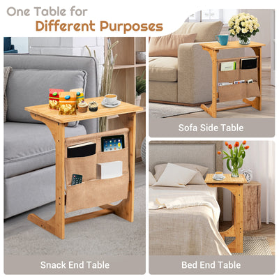 Bamboo Sofa Table End Table Bedside Table with Storage Bag-Natural