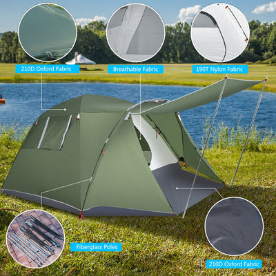4-6 Person Camping Tent with Front Porch-Green