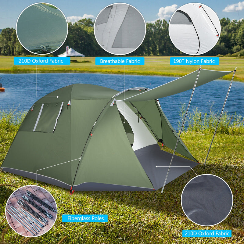 4-6 Person Camping Tent with Front Porch-Green