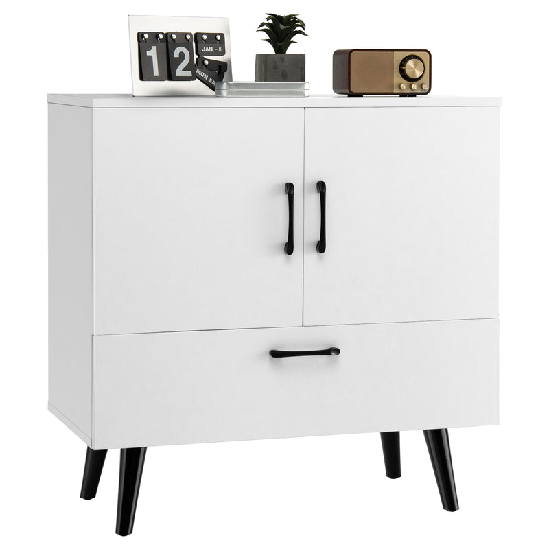 Mid Century Storage Cabinet with 2 Doors and 1 Pull-out Drawer-White