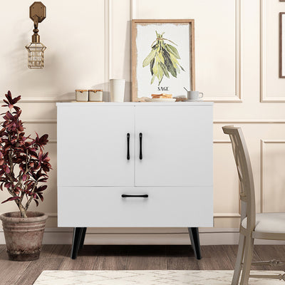 Mid Century Storage Cabinet with 2 Doors and 1 Pull-out Drawer-White