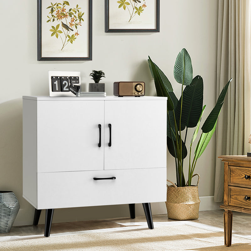 Mid Century Storage Cabinet with 2 Doors and 1 Pull-out Drawer-White