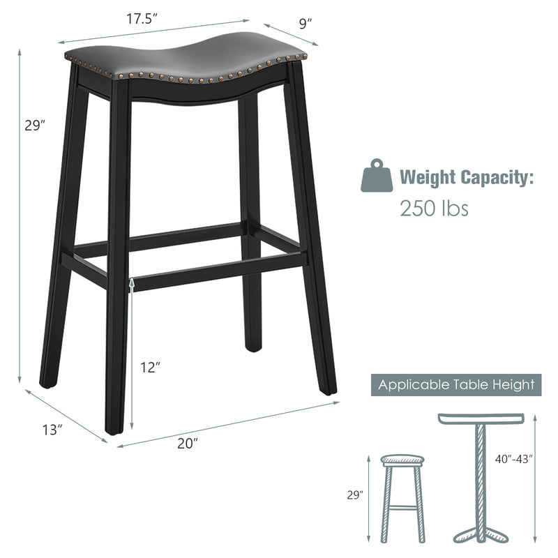 Set of 2 29 Inch Backless Wood Nailhead Barstools with PVC Leather Seat-Black