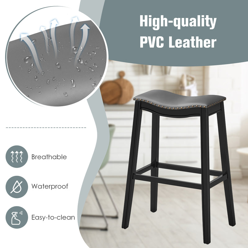 Set of 2 29 Inch Backless Wood Nailhead Barstools with PVC Leather Seat-Black