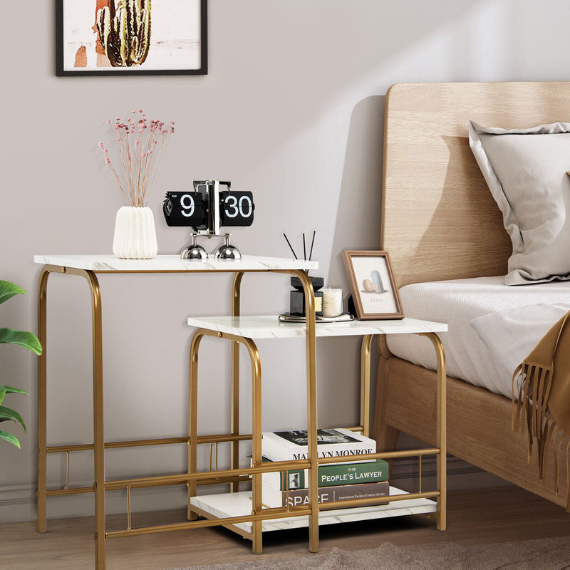 2 Pieces Faux Marble Nesting Table for Small Space-White