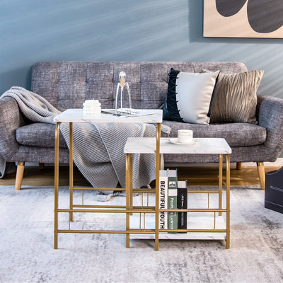 2 Pieces Faux Marble Nesting Table for Small Space-White