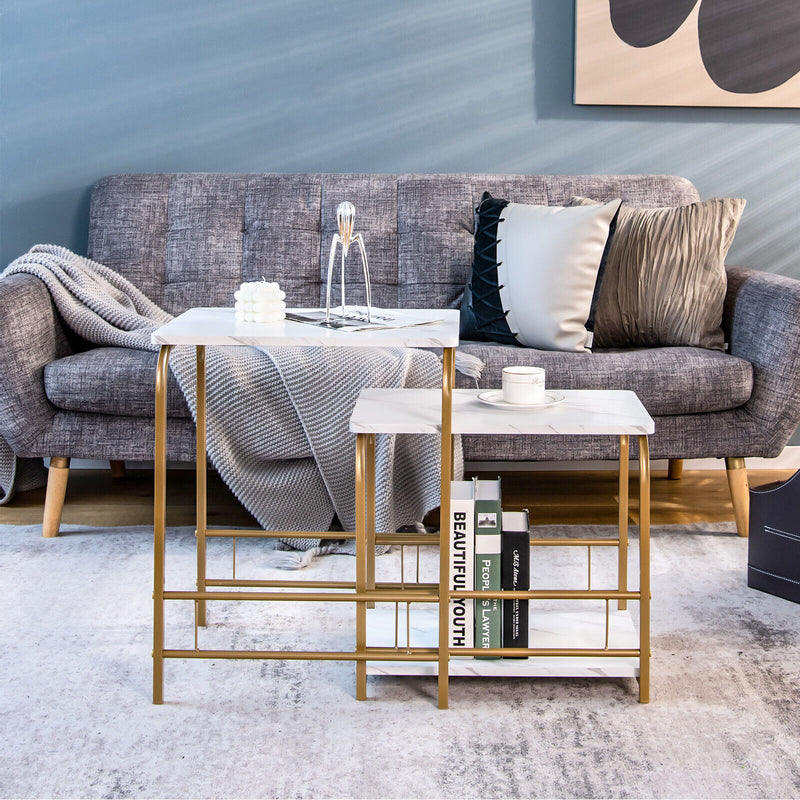2 Pieces Faux Marble Nesting Table for Small Space-White