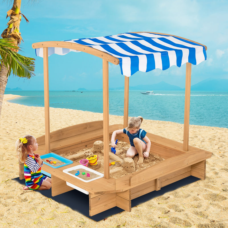 *Kids Wooden Sandbox with Striped Canopy