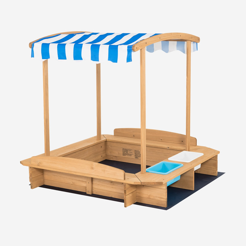 *Kids Wooden Sandbox with Striped Canopy