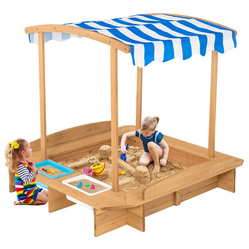 *Kids Wooden Sandbox with Striped Canopy