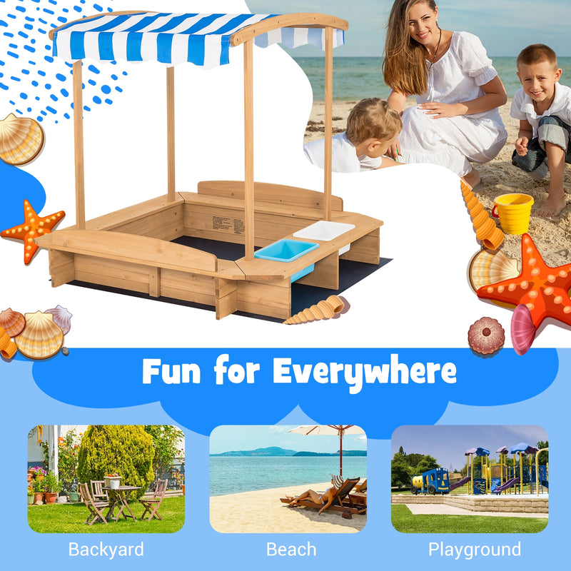 *Kids Wooden Sandbox with Striped Canopy