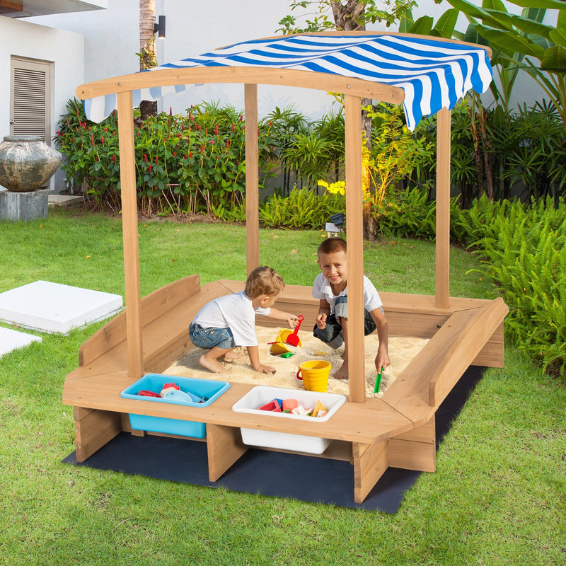 *Kids Wooden Sandbox with Striped Canopy
