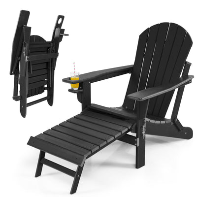 Patio All-Weather Folding Adirondack Chair with Pull-Out Ottoman-Black