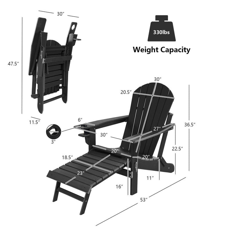 Patio All-Weather Folding Adirondack Chair with Pull-Out Ottoman-Black