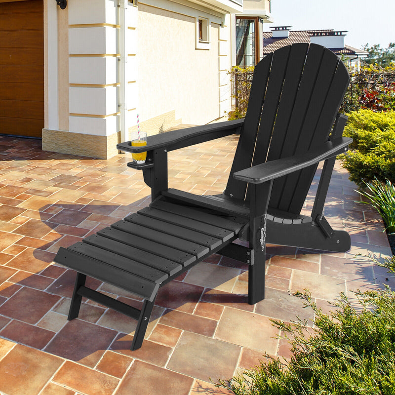 Patio All-Weather Folding Adirondack Chair with Pull-Out Ottoman-Black