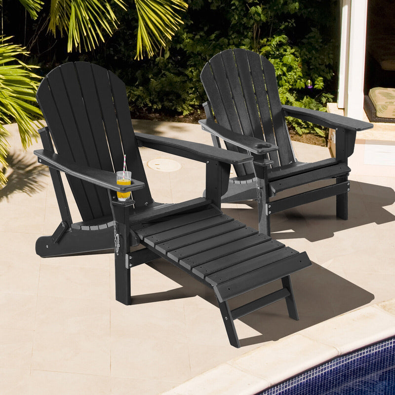 Patio All-Weather Folding Adirondack Chair with Pull-Out Ottoman-Black
