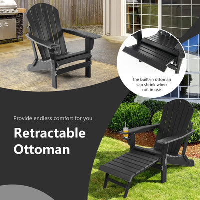 Patio All-Weather Folding Adirondack Chair with Pull-Out Ottoman-Black