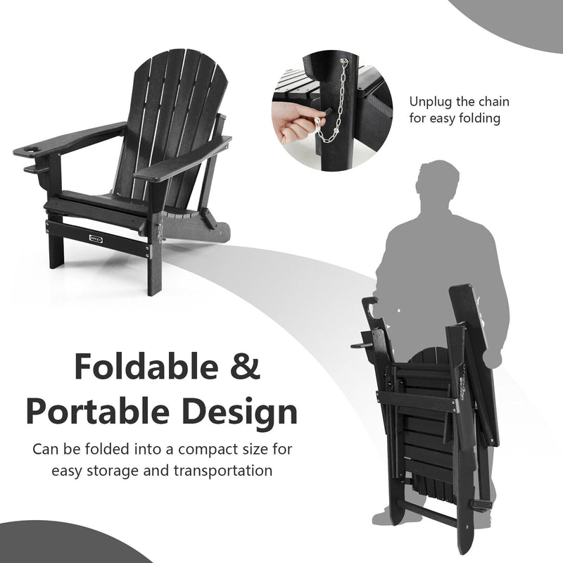 Patio All-Weather Folding Adirondack Chair with Pull-Out Ottoman-Black
