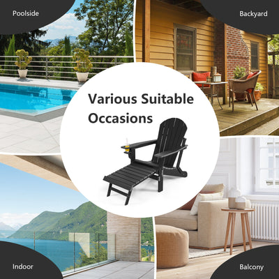 Patio All-Weather Folding Adirondack Chair with Pull-Out Ottoman-Black