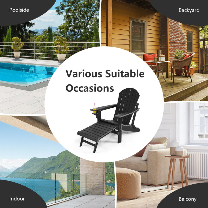 Patio All-Weather Folding Adirondack Chair with Pull-Out Ottoman-Black