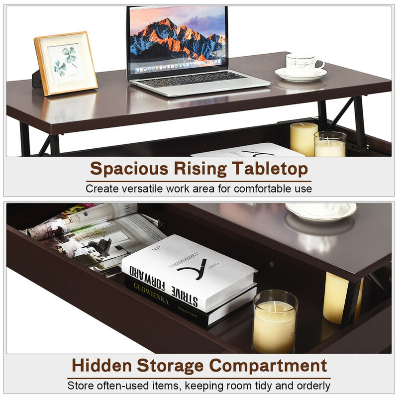 Lift Top Coffee Pop-UP Cocktail Table-Brown