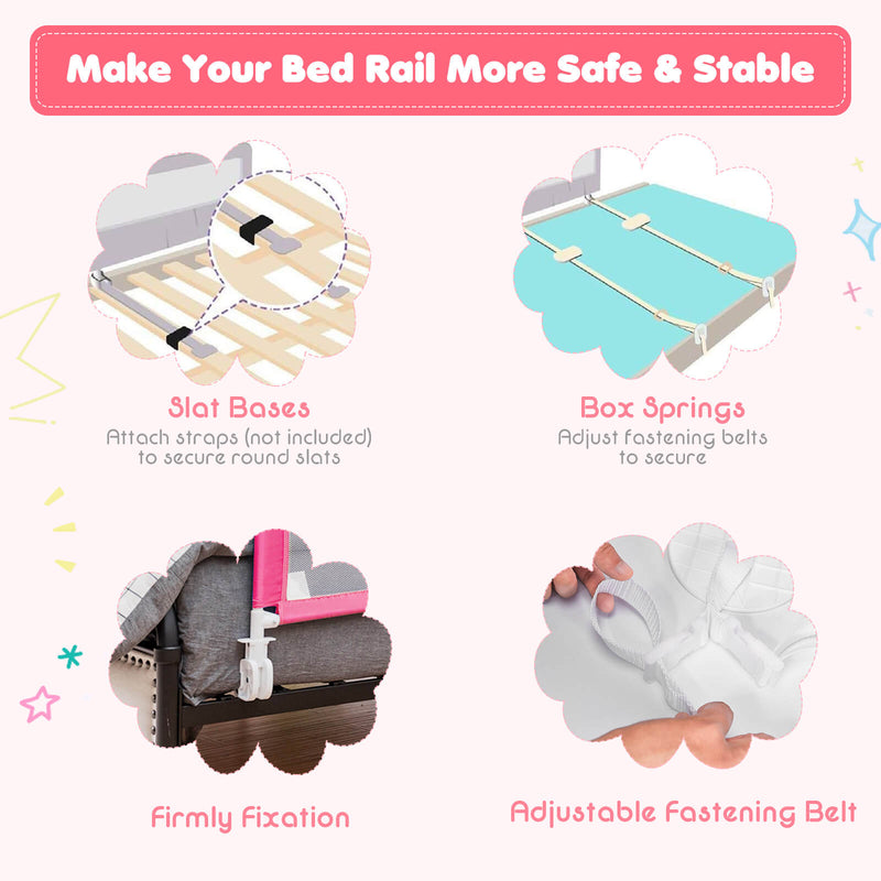 59 Inch Extra Long Folding Breathable Baby Children Toddlers Bed Rail Guard with Safety Strap-Pink