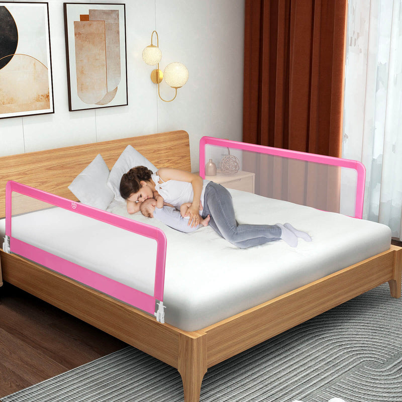 59 Inch Extra Long Folding Breathable Baby Children Toddlers Bed Rail Guard with Safety Strap-Pink
