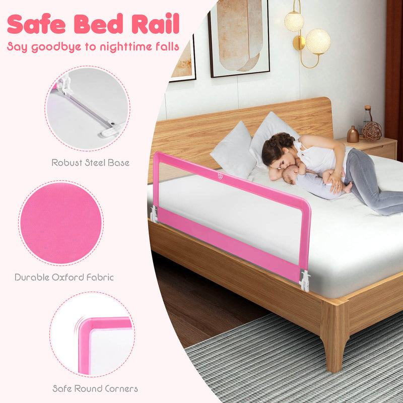 59 Inch Extra Long Folding Breathable Baby Children Toddlers Bed Rail Guard with Safety Strap-Pink