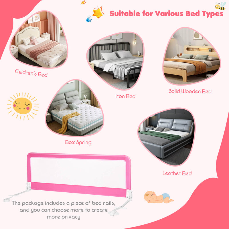59 Inch Extra Long Folding Breathable Baby Children Toddlers Bed Rail Guard with Safety Strap-Pink
