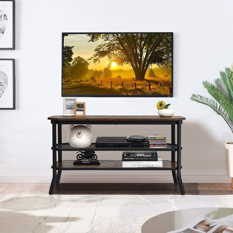 3-tier Console Table TV Stand with Mesh Storage Shelf-Rustic Brown