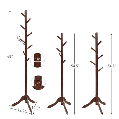 *Adjustable Wooden Tree Coat Rack with 8 Hooks - Brown