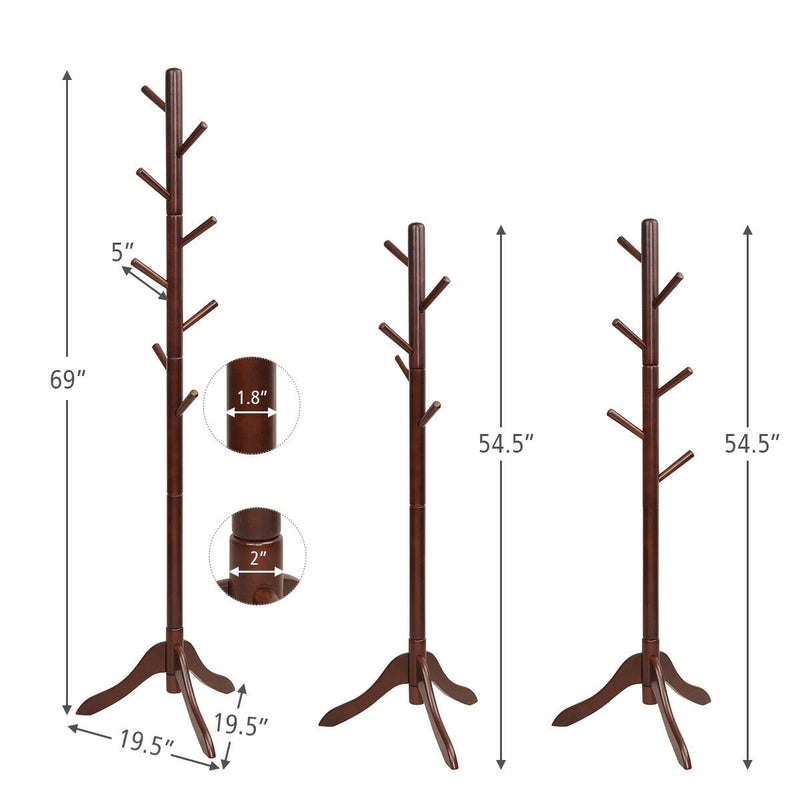 *Adjustable Wooden Tree Coat Rack with 8 Hooks - Brown