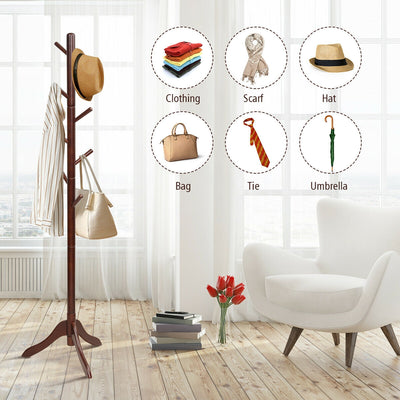*Adjustable Wooden Tree Coat Rack with 8 Hooks - Brown