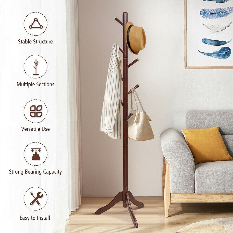 *Adjustable Wooden Tree Coat Rack with 8 Hooks - Brown