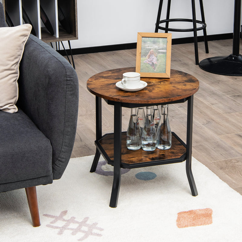 2-Tier Sofa End Side Table Nightstand Round Tabletop for Living Room-Brown