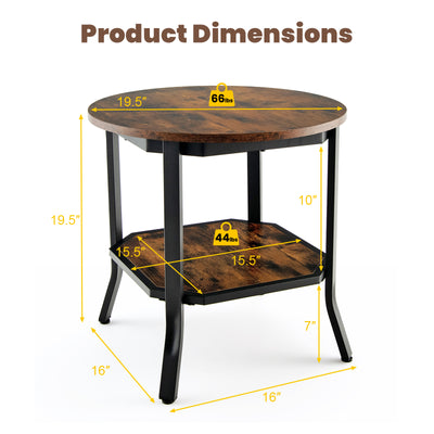 2-Tier Sofa End Side Table Nightstand Round Tabletop for Living Room-Brown
