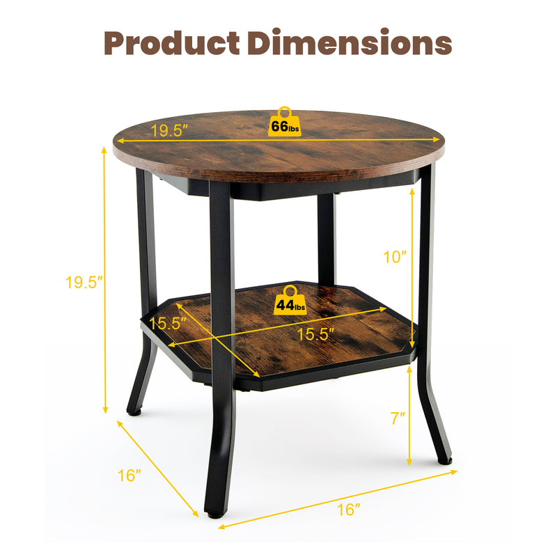 2-Tier Sofa End Side Table Nightstand Round Tabletop for Living Room-Brown