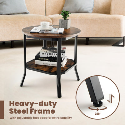 2-Tier Sofa End Side Table Nightstand Round Tabletop for Living Room-Brown