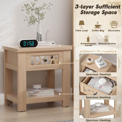 Wood Retro End Table with Mirrored Glass Drawer and Open Storage Shelf-Natural