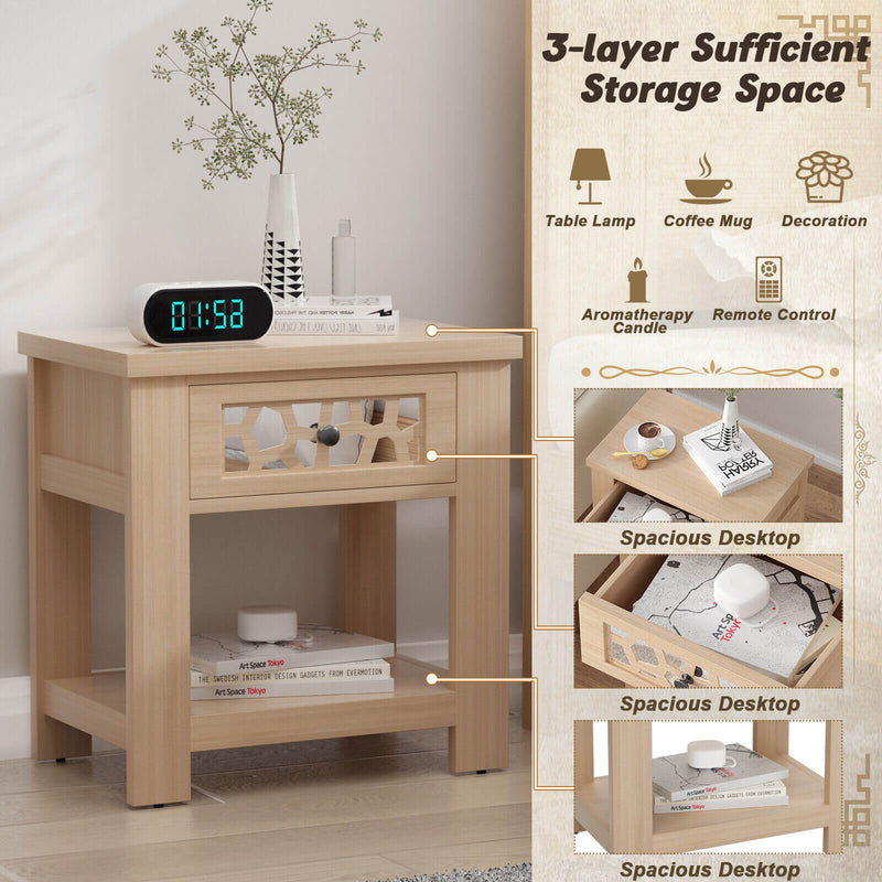 Wood Retro End Table with Mirrored Glass Drawer and Open Storage Shelf-Natural