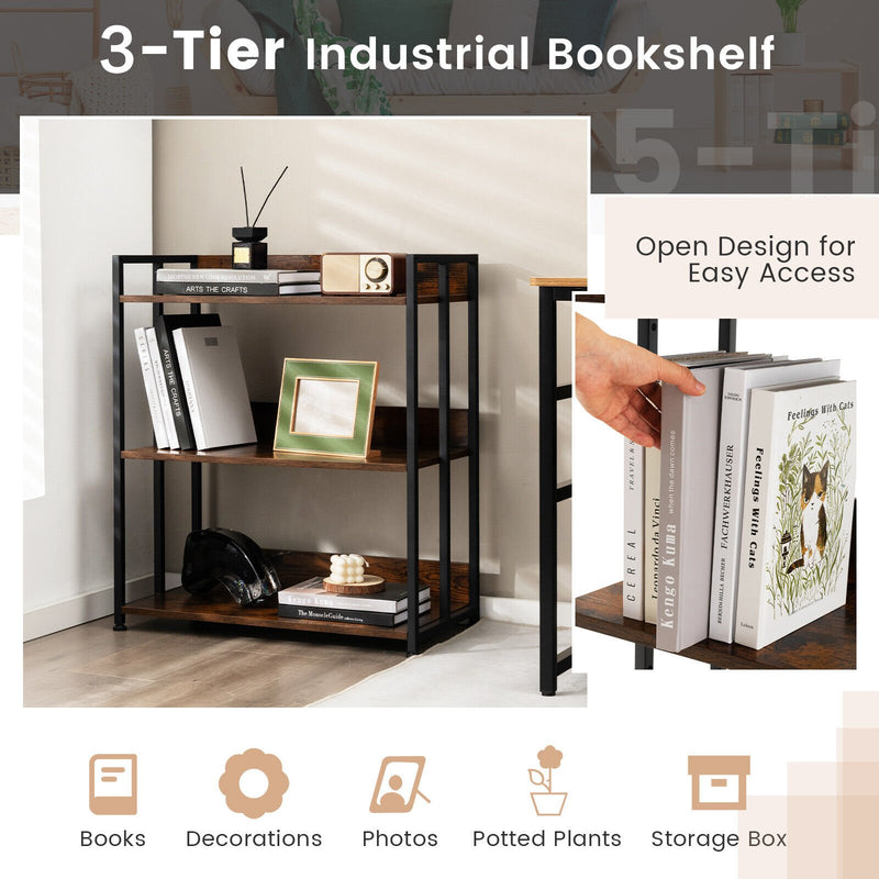 *3/5-Tier Industrial Bookshelf Storage Shelf Display Rack with Adjustable Shelves - 3-Tier