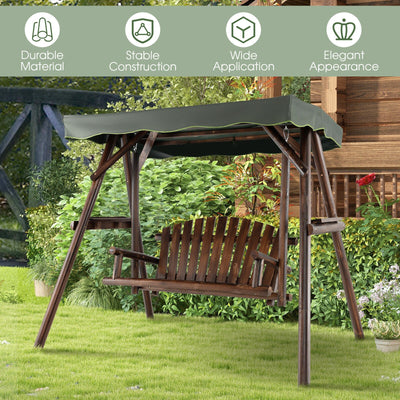 2-Person Outdoor Wooden Porch Swing with an Adjustable Canopy