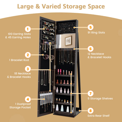 Standing Lockable Jewelry Storage Organizer with Full-Length Mirror-Coffee