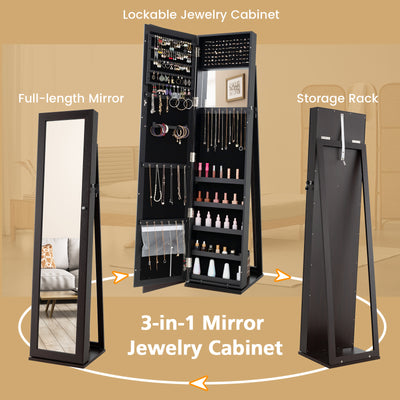 Standing Lockable Jewelry Storage Organizer with Full-Length Mirror-Coffee